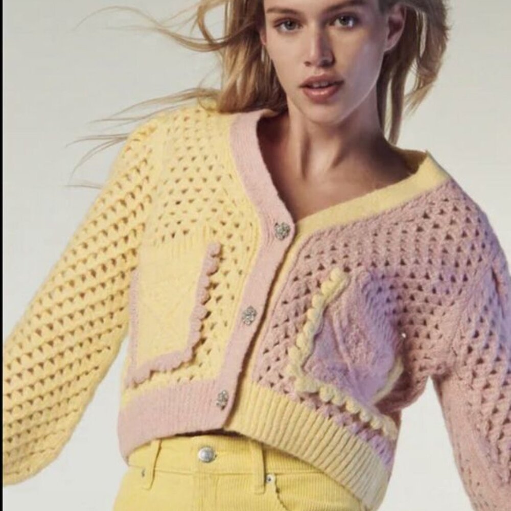 ZARA WOMEN CHUNKY KNIT YELLOW PINK RHINESTONE BUTTON CARDIGAN SWEATER SZ MED - Picture 2 of 11